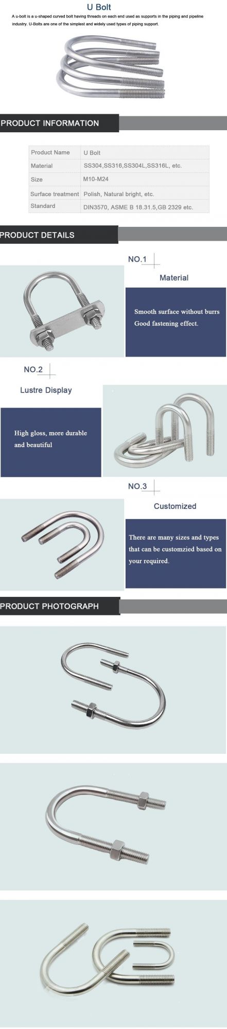 U Shape Bolt 304 316 Stainless Steel DIN3570 U-Bolt with Hex Nut and Flat Washer
