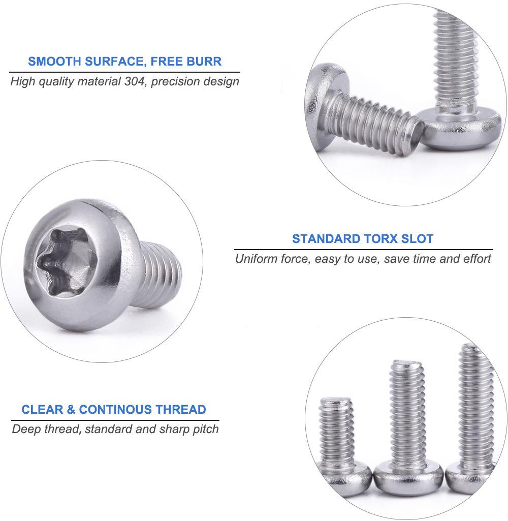 Stainless Steel Half Round Head Bolt with Column Pan Head Torx Machine Screw Flower Blossom Anti-Theft Security Screw M2~M10 Torx 6-Lobe Pan Round Head Bolt