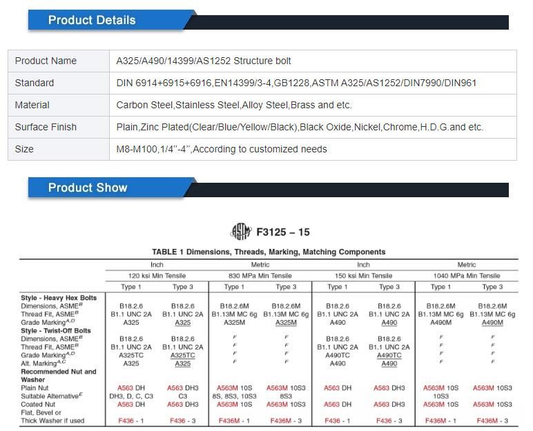 A325 Shear Strength Bolt Carbon Steel Torsional Structural Bolts M16 5/8′ ′