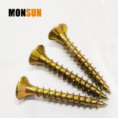 C1022 Yellow /Clear Zinc Plated Serrated Thread Pozidriv Flat Head W/Nibs Particalboard Screw/Chipboard Screw