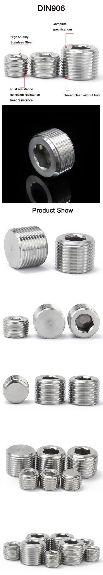 DIN906 Stainless Steel 304 Hex Socket Tapered Pipe Plug Screw
