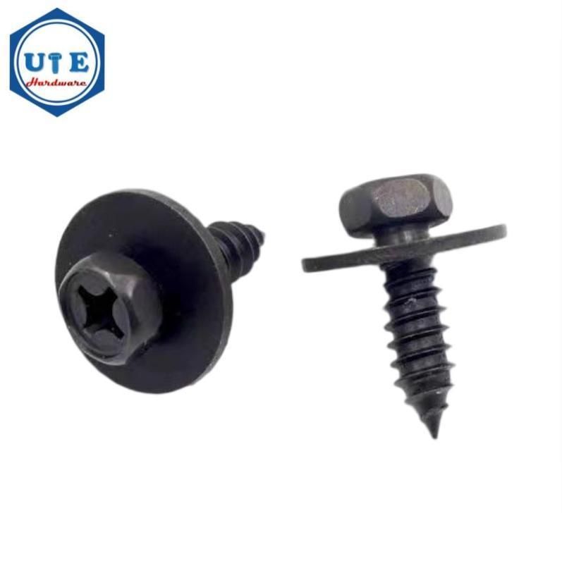Hex Indent Head Self Tapping Screw and Flat Washer Two Parts Combination Screw Black Zinc Plated for M6X19