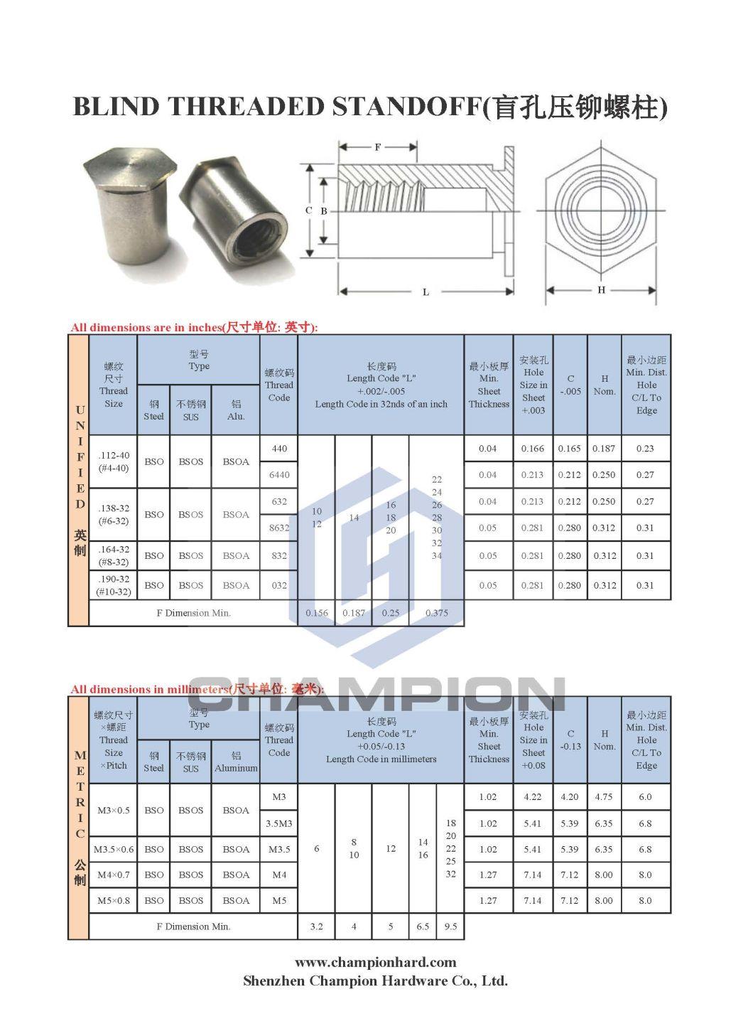 Pem Fastener Blind Hole Stainless Steel Carbons Steel Self Clinching Hex Standoff Bso Bsos Bsoa Bso4