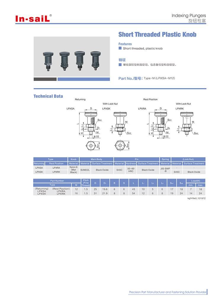 Short Threaded Indexing Plunger - Plastic Knob Type: Pxsa