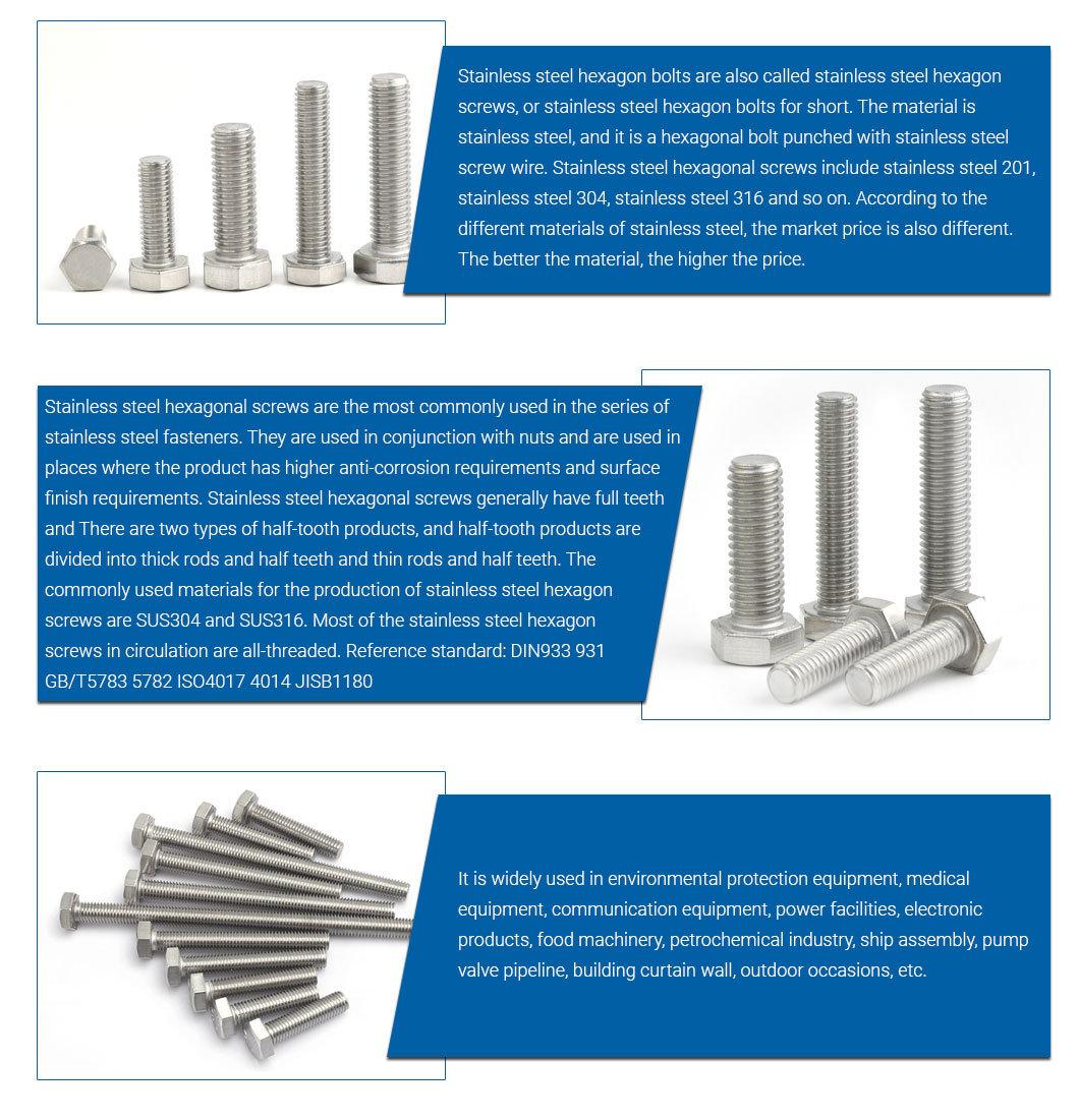 Fasteners Stainless Steel DIN 933/934 Hex Bolt Nut/Carriage Bolt DIN603/Flange Bolt DIN6921/ T Hammer Bolt/ Eye Bolt DIN444 / U Bolt / Allen Bolt DIN912