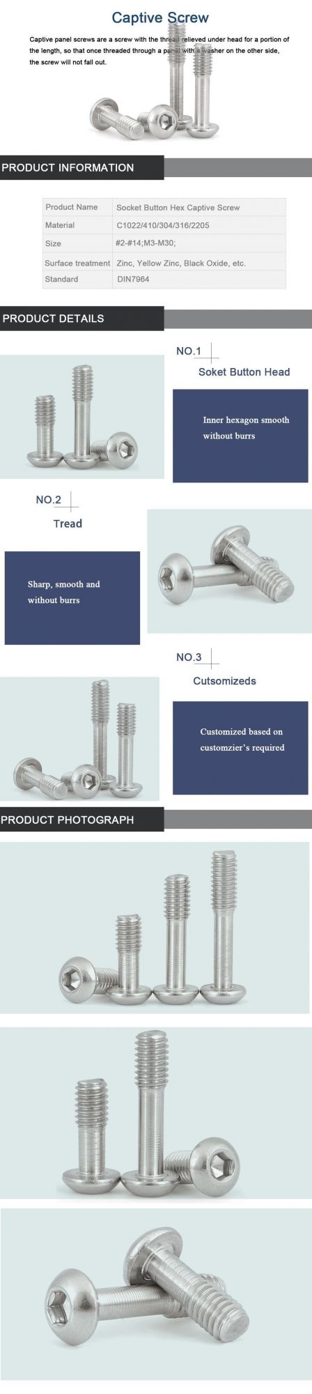 High Quality Stainless Steel 304 A2-70 A2-80 Socket Screw Button Hea Reamer Bolt Captive Screw for Electric Application