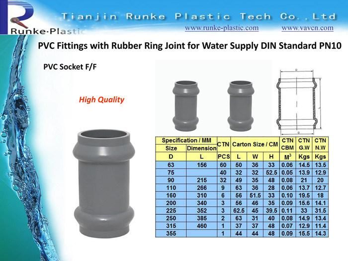High Quality UPVC Pipe Fitting Rubber Ring Joint PVC Pressure Pipe and Fittings Plastic Pipe End Fitting PVC Plumbing Pipe Fitting for Water Supply 1.0MPa