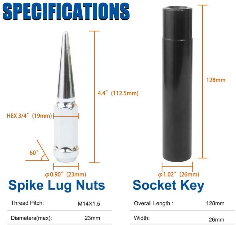 14X1.5 Chrome Spike Lug Nuts with 4.4" Tall 3/4′ ′ Hex and Set of 24+1 Key
