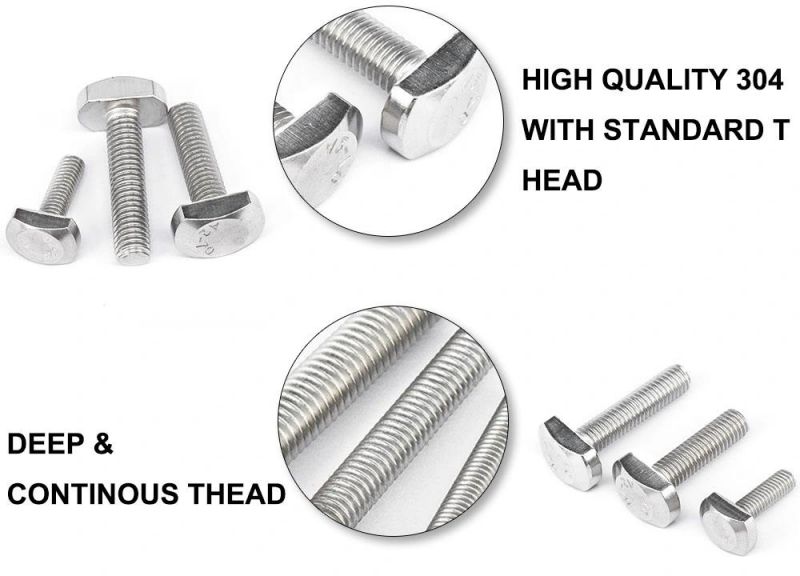 BS916 Square Head Bolt and Nut 1/4-20 T-Bolt A2 A4 Stainless Steel T Bolt 5/16X1 304 316 Square Bolt with Nut and Washers