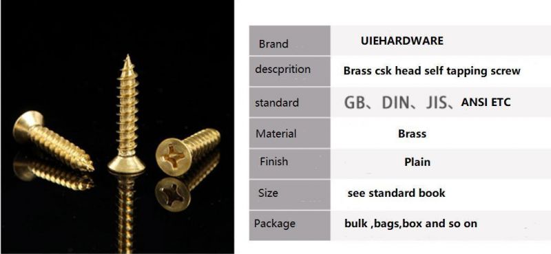 Hot Sales Brass Phillips Cross Recessed Countersunk Head Self Tapping Screws DIN7982 for 3.5X13 to 4.2X64