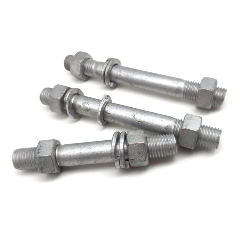 DIN938 Grade 6.8 8.8 M30 Hot DIP Galvanized Stud Bolt with Two Nuts and Two Spring Lock Washers for Power