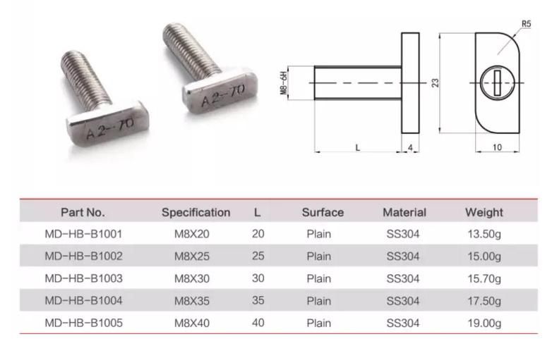 A2-70 Hardware Fasteners SUS304 Stainless Steel M8 T Head Bolt Made in China