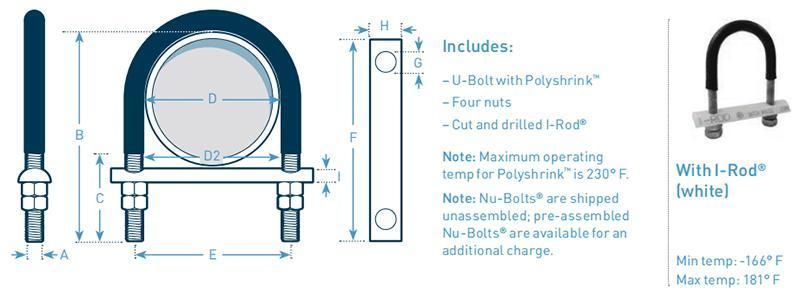 U-Bolt M16X750 Pipe 8" with Polyshrink Polyolefinsheathed Nuts M16 Isulating Washer PTFE Half Round I-Rod Thermoplastic Pad (non-gripping) , 10mm THK Teflon Pad