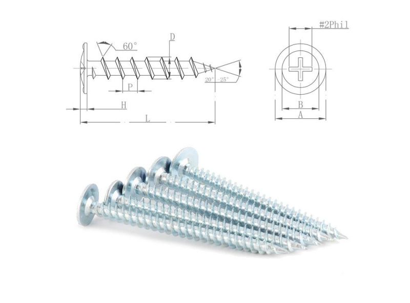 Blue Zinc Coating Steel Phillips Drive Wafer Head pH Full Thread Profile Connection Screws/K-Lath Screw Made in China