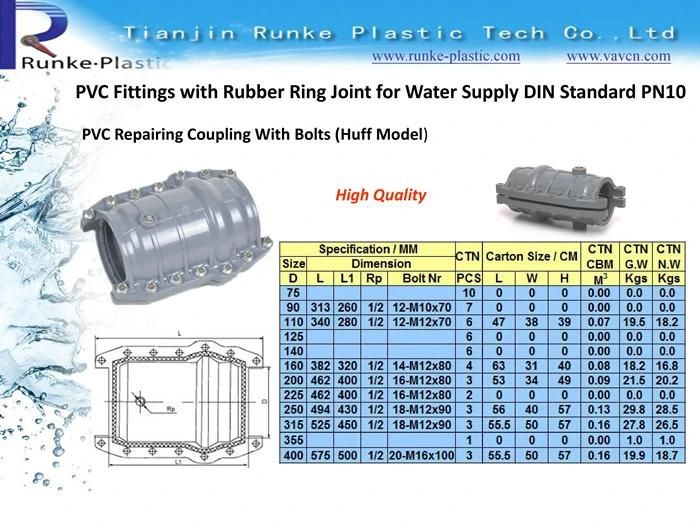 High Quality Plastic Pipe Fitting Rubber Ring Joint Supplier PVC Pipe and Fittings UPVC Pressure Pipe Fitting 1.0MPa DIN Standard for Water Supply