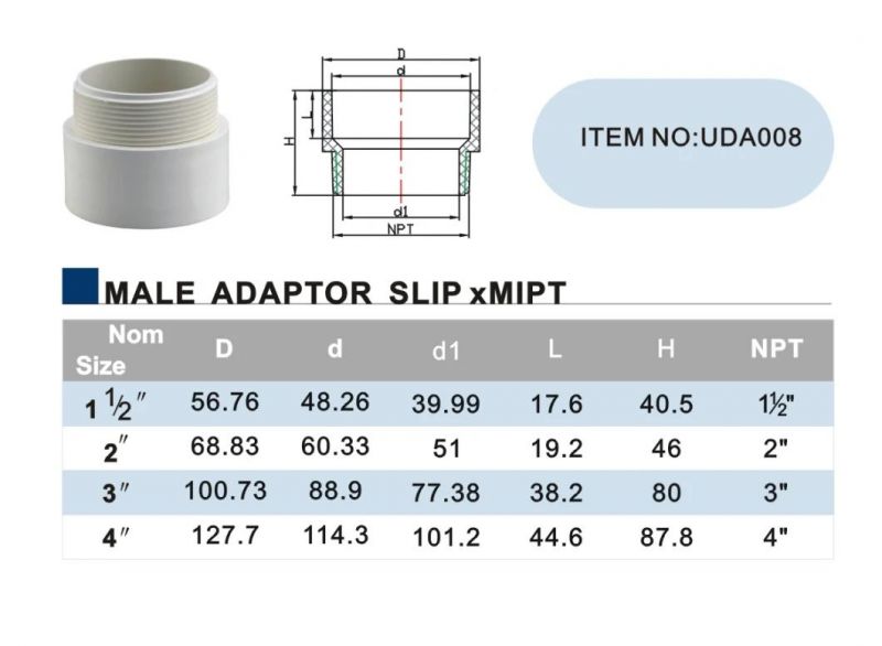 UPVC Pipe Fittings NSF &Upc Certificate Dwv ASTM D2665 Male Adaptor