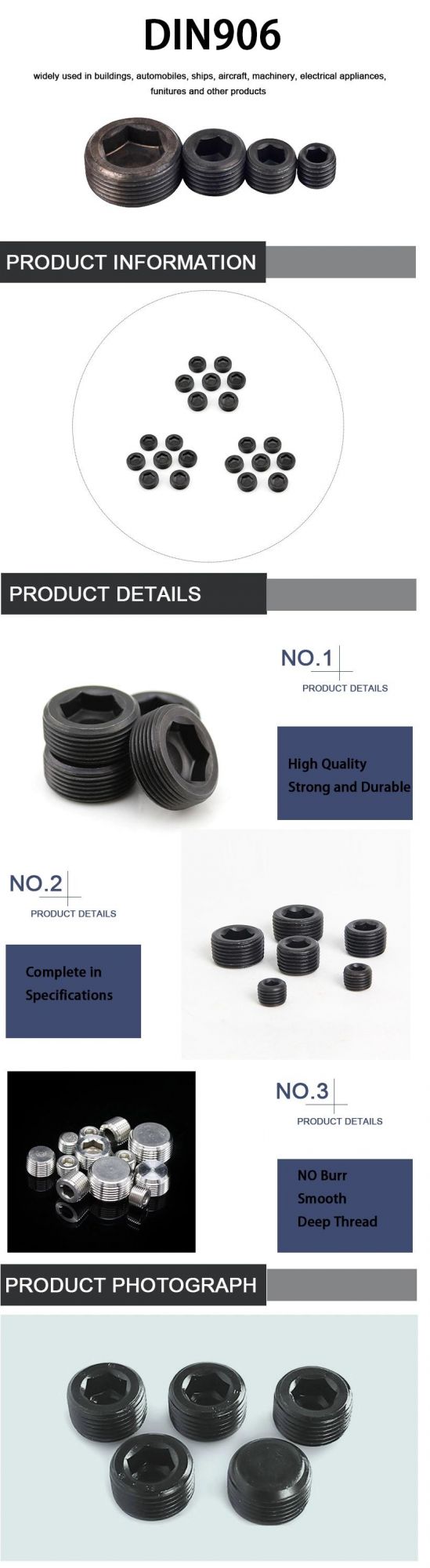 Wholesale DIN906 Carbon Steel Black Internal Drive Pipe Plugs Screw