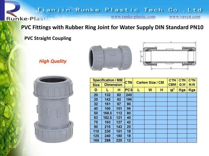 China Supplier Plastic Pipe Fitting Rubber Ring Joint UPVC Pipe and Fittings UPVC Pressure Pipes Fitting Pn10 DIN Standard for Water Supply