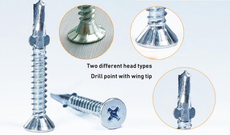 Zinc Coated Steel Flat Countersunk Head Self Drilling Screws with 2 Wings for Wood to Sheet Metal