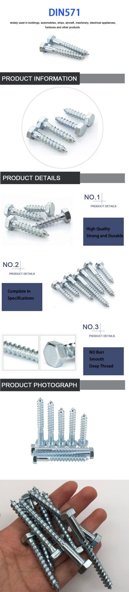 Structural Buildings Stainless Steel Hexagon Concrete Head Wood Coach Screw