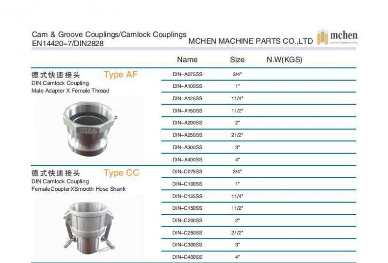High Quality DIN Camlock Coupling with Male Adapter X Female Thread