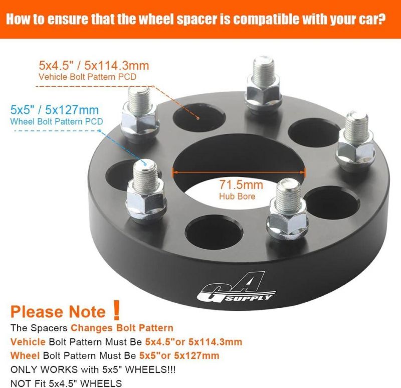 5X4.5 to 5X5 Wheel Spacers with 1.25" 71.5mm Hub Bore 1/2-20 Studs