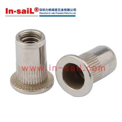 Flat Head Knurled Round Body Threaded Insert - Open End