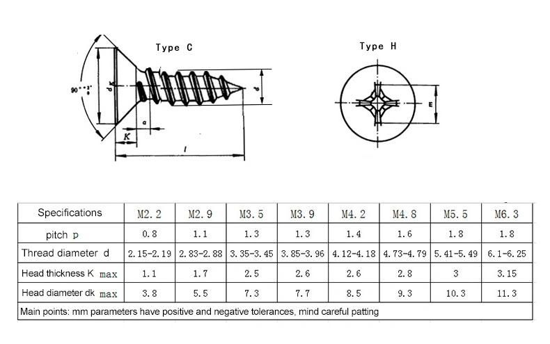 H62 2.9X13 to 6.3X100 Brass Material Flat Head Cross Recess Drives Self Tapping Screws DIN7982