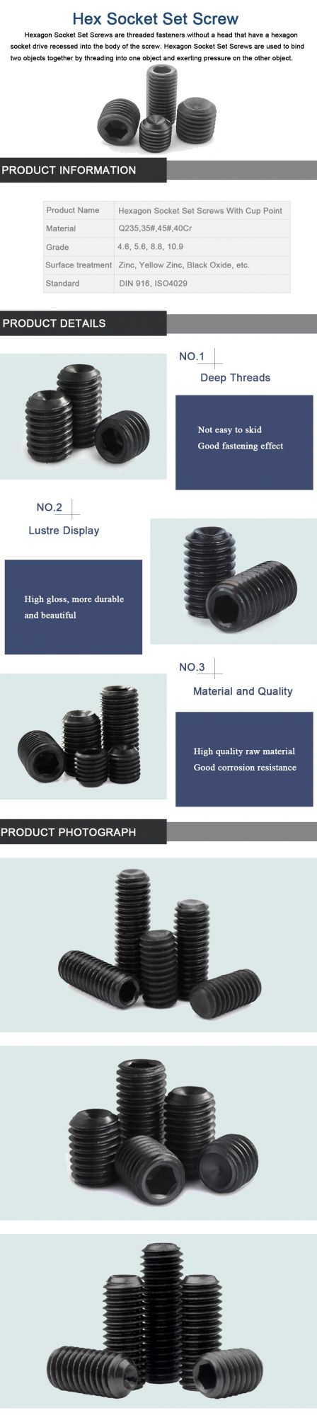 DIN 916 ISO 4029 Carbon Steel 8.8 12.9 45h Allen Key Bolt Hexagon Socket Set Screws with Cup Point