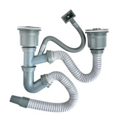 Double Head Stainless Steel Kitchen Sink Bowl Siphon Drain Pipe with Overflow Pipe