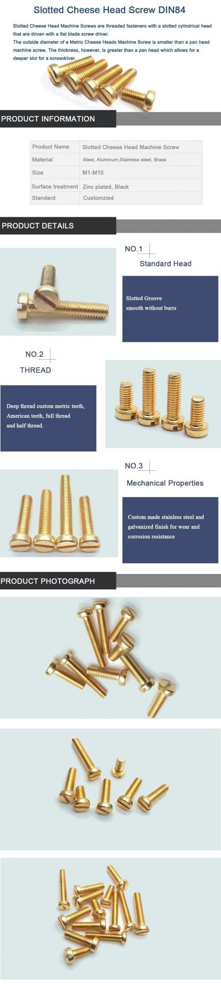 Customized DIN84 DIN85 Slotted Cheese Head Screw Brass H59 H62 Machine Screw
