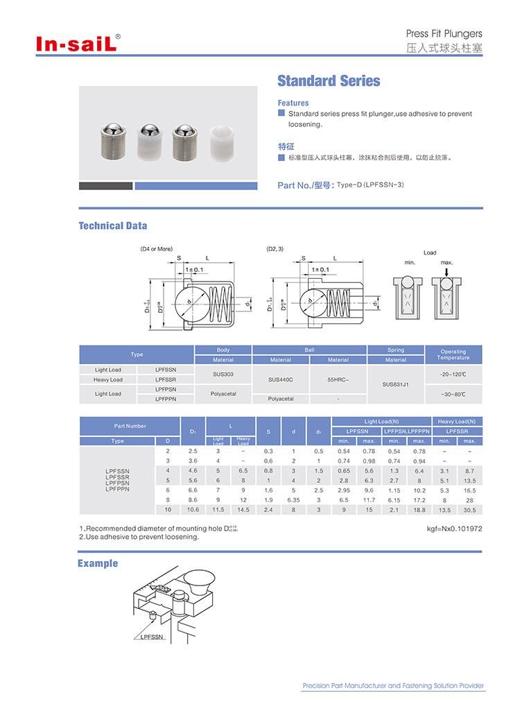 Standard Series Press Fit Plunger Use Adhesive Type: Pfssn