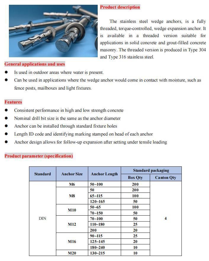 High Quality Bolt Stainless Steel Wedge Expansion Wedge Anchor