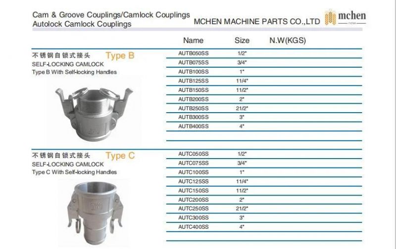 High Quality Type C Autolock/Self-Locking Camlock with Self-Locking Handles