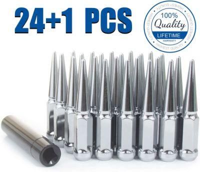 14X1.5 Chrome Spike Lug Nuts with 4.4&quot; Tall 3/4&prime; &prime; Hex and Set of 24+1 Key