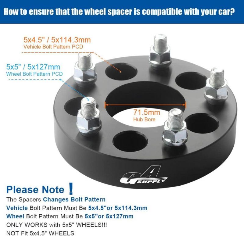 5X4.5 to 5X5 Wheel Spacers with 1.25" 71.5mm Hub Bore 1/2-20 Studs