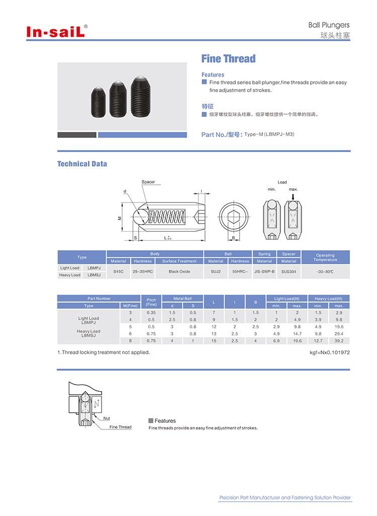 Fine Thread Series Ball Plunger-Easy for Fine Adjustment /Bmpj