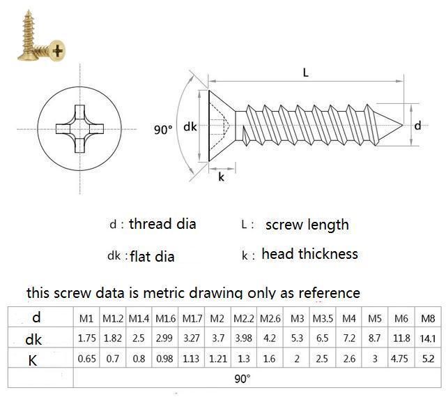 High Quality Brass Phillips Cross Recessed Countersunk Head Self Tapping Screws DIN7982