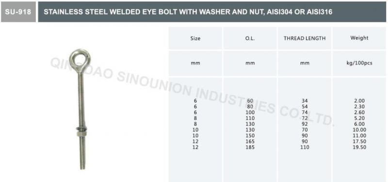 Stainless Steel Welded Eye Bolt with Washer and Nut, AISI304 or AISI316