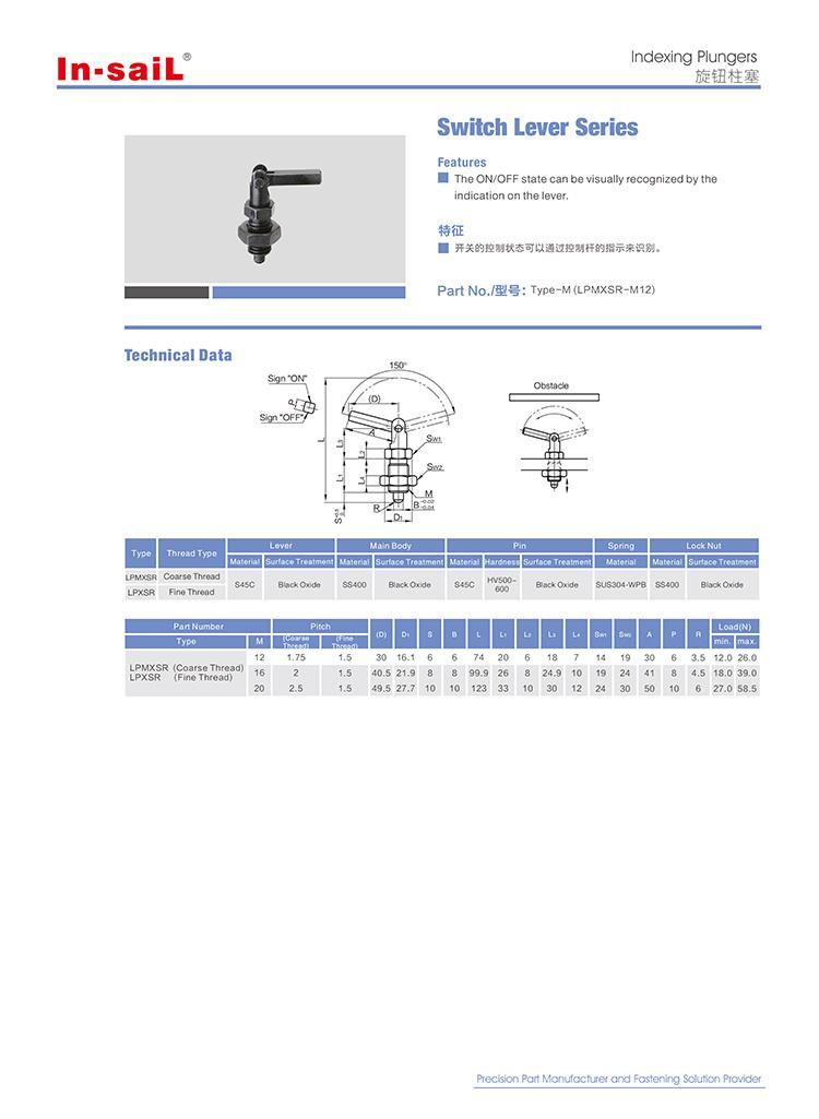 Indexing Plungers - Switch Lever, Fine Thread Type: Pmxsr