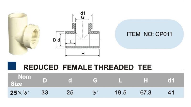 NSF Certificate Reduced Female Threaded Tee CPVC Fitting