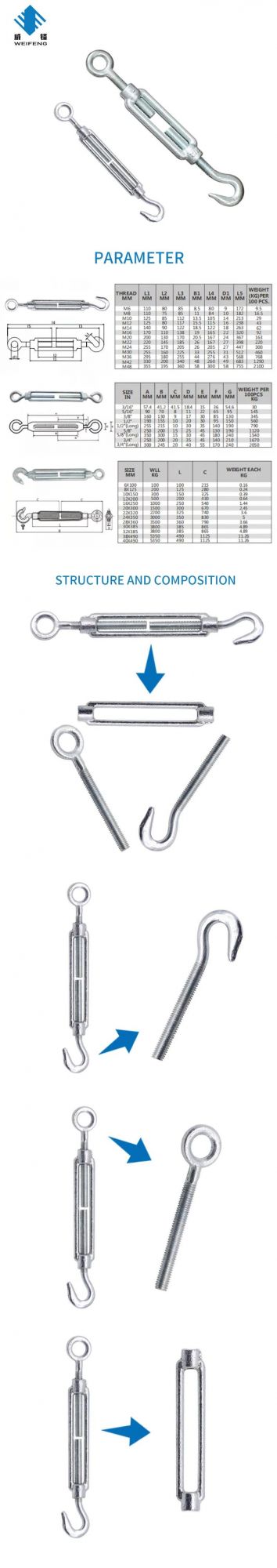Made in China Heavy Duty Wire Rope Turnbuckle Hook and Eye Forged Steel Galvanized DIN1480 Chinese Factory Wire Rope Turnbuckle Hook