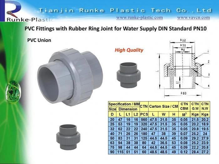 High Quality Plastic Pipe Fitting Rubber Ring Joint Supplier PVC Pipe and Fittings UPVC Pressure Pipe Fitting 1.0MPa DIN Standard for Water Supply