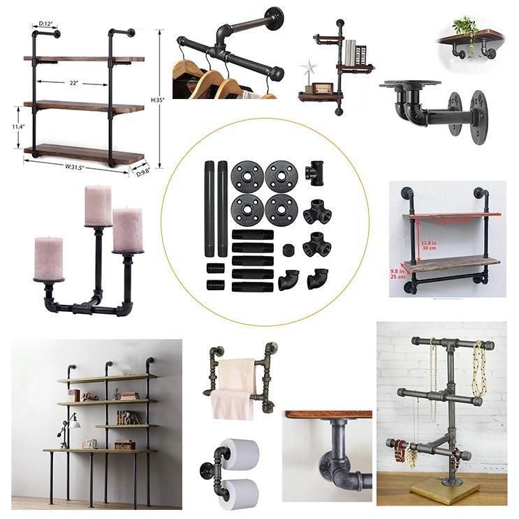 DIY Industrial Pipe Fittings Furniture Floor Flange Malleable Cast Iron Wall Hooks Iron Pipe Wall Mount Shelving Bracket