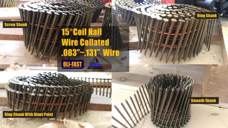 15 Degree Wire Collated Coil Nail, Screw Shank and Ring Shank