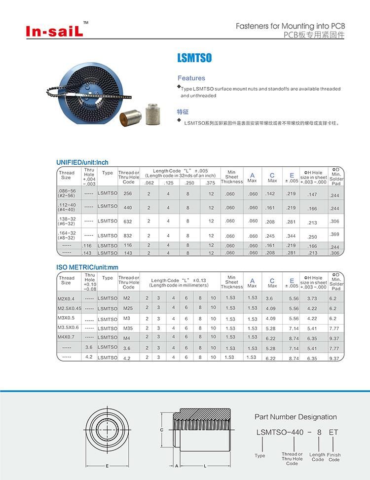 Smtso/Smtsob Surface Mount Nuts and Spacers/Standoffs 2-56, 4-40, 6-32, 8-32, M2, M2.5, M3, M3.5, M4, 3.1, 3.6 and 4.2