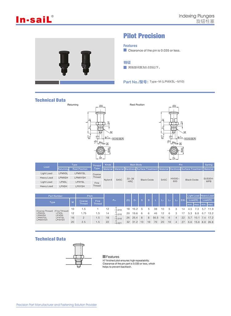 Indexing Plungers- Precision Pilot, Return Type, Fine Thread - Pmxsl