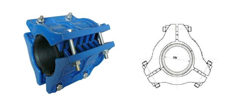 Ductile Cast Iron Ggg50 DN125 Pn16 Epoxy Coating Three Piece Di Split Collar for PVC Pipes