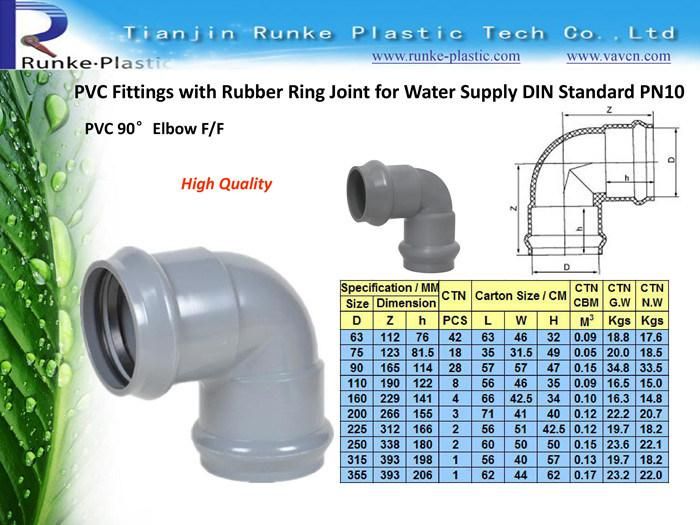 High Quality Plastic Pipe Fittings UPVC Coupling Pipe Fittings PVC Pressure Pipe and Fittings DIN Standard Rubber Ring Joint for Water Supply 1.0MPa