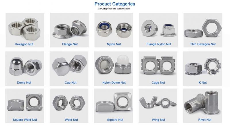 Carbon Steel Stainless Steel Hex Flange Nut Cap Nut Wheel Nut Hex Nut Rivet Nut Lock Nut Wing Nut Cashew Nut Heavy Hex Nut Inconel Nut Square Nut DIN934 DIN985